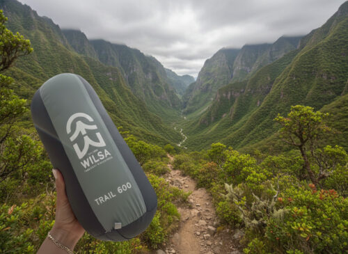 sac de couchage tenu dans la main avec décor de montagne